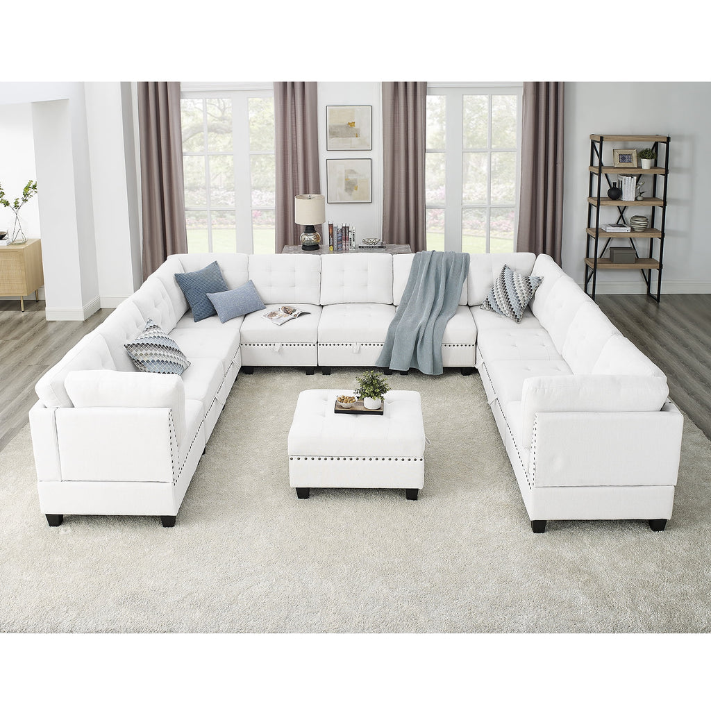 U Shape Modular Sectional Sofa with Seven Single Chair, Four Corner and One Ottoman, Ivory R8301