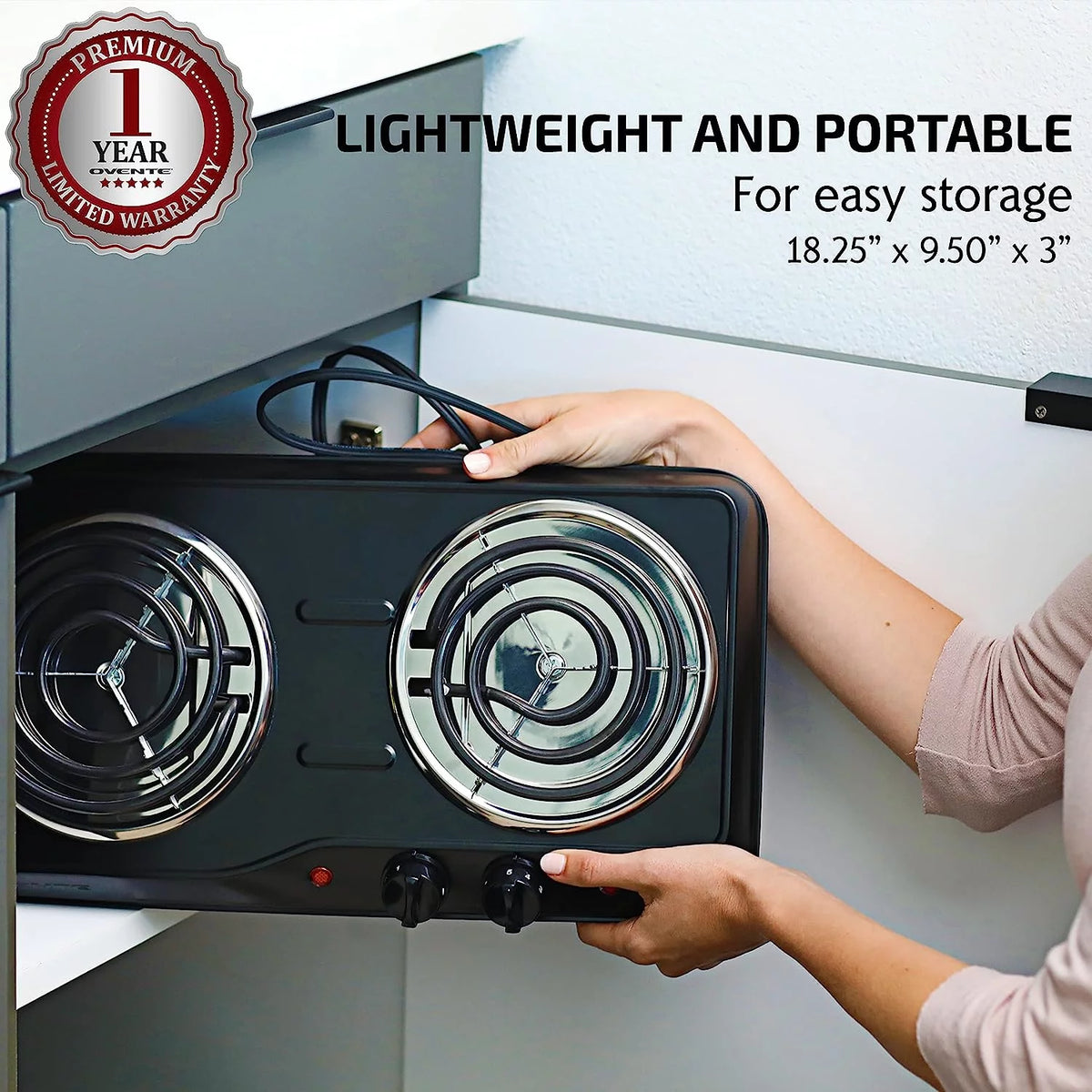 Electric Countertop Double Burner 1700W Stainless Steel Coil Black T700114
