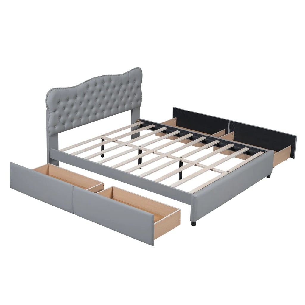 White Upholstered Queen Bed with 4 Drawers B303