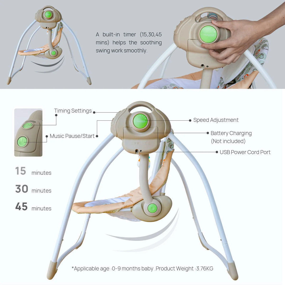 Portable Electric Baby Swing 6-25 lb Khaki K5963