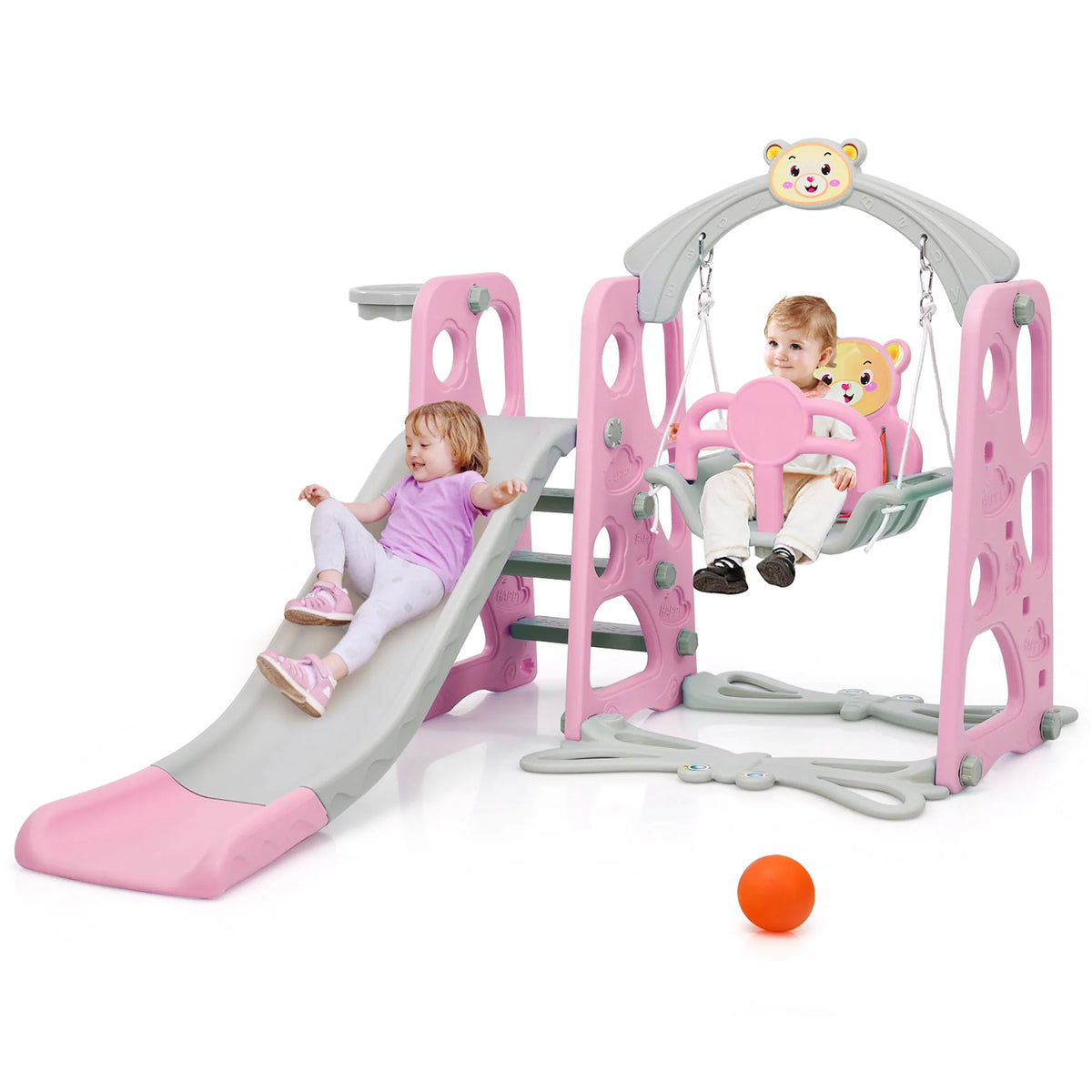 4-in-1 Toddler Climber and Swing Set with Basketball Hoop Pink V27059