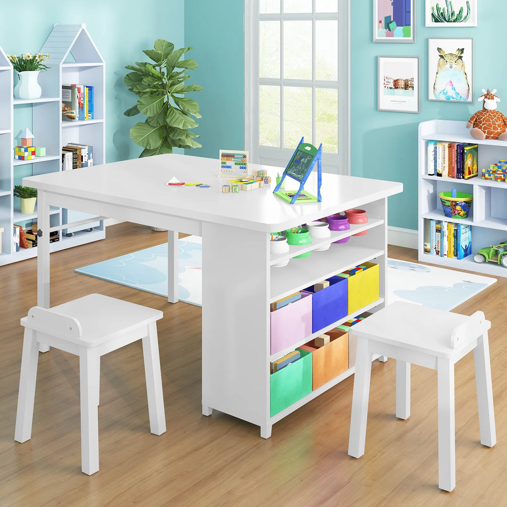 Kids' Art Table and Stools Set, Wooden Drawing Desk with Paper Roller and Storage Bins T77399
