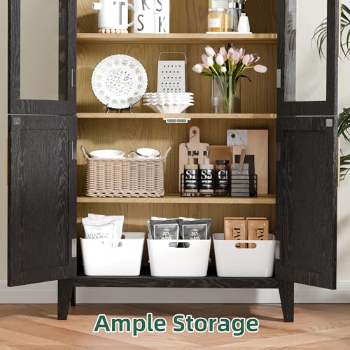 Black 63" Tall Arched Glass Door Storage Cabinet with 2 Rattan Drawers X143461