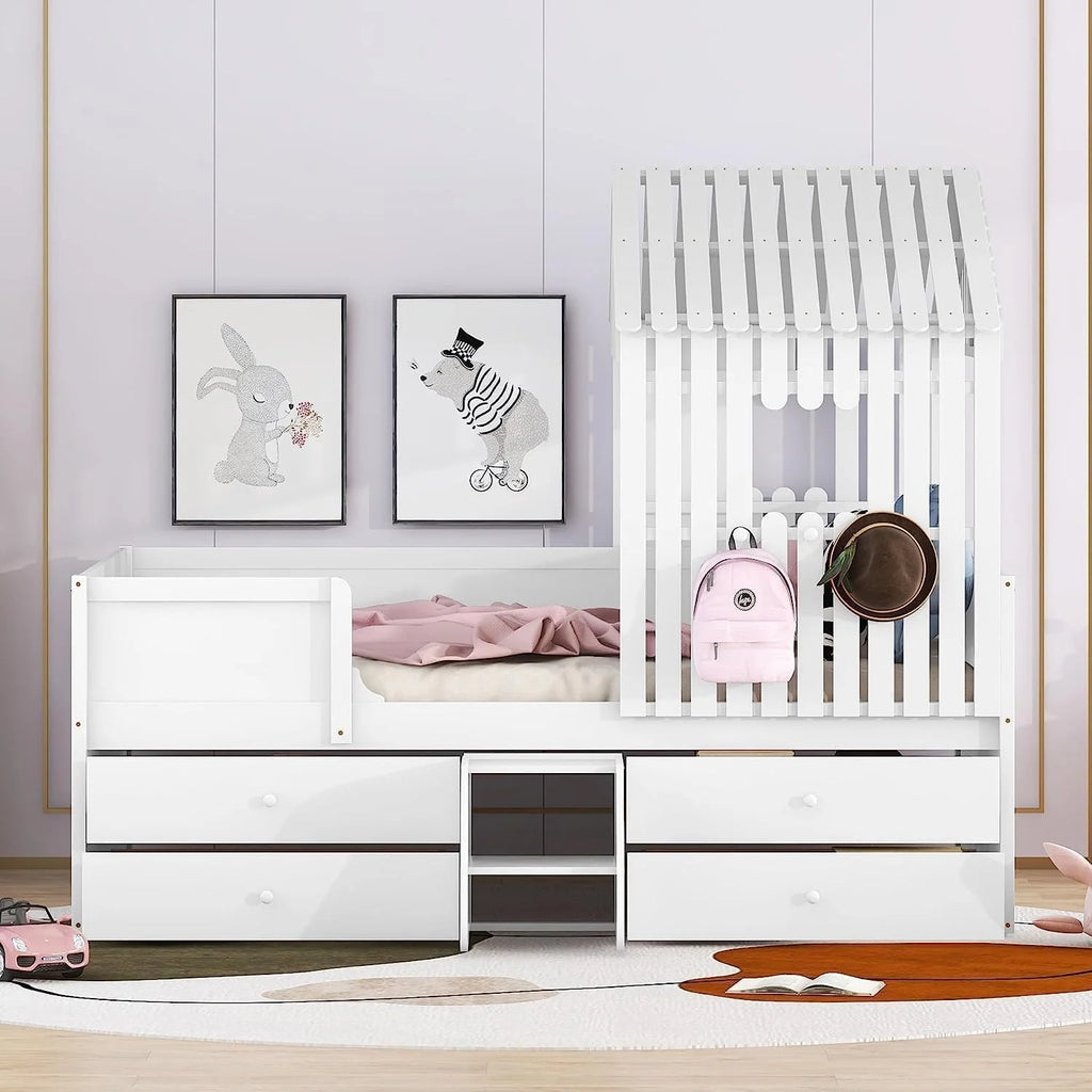 White Full Size Wood House Bed with 4 Drawers X615