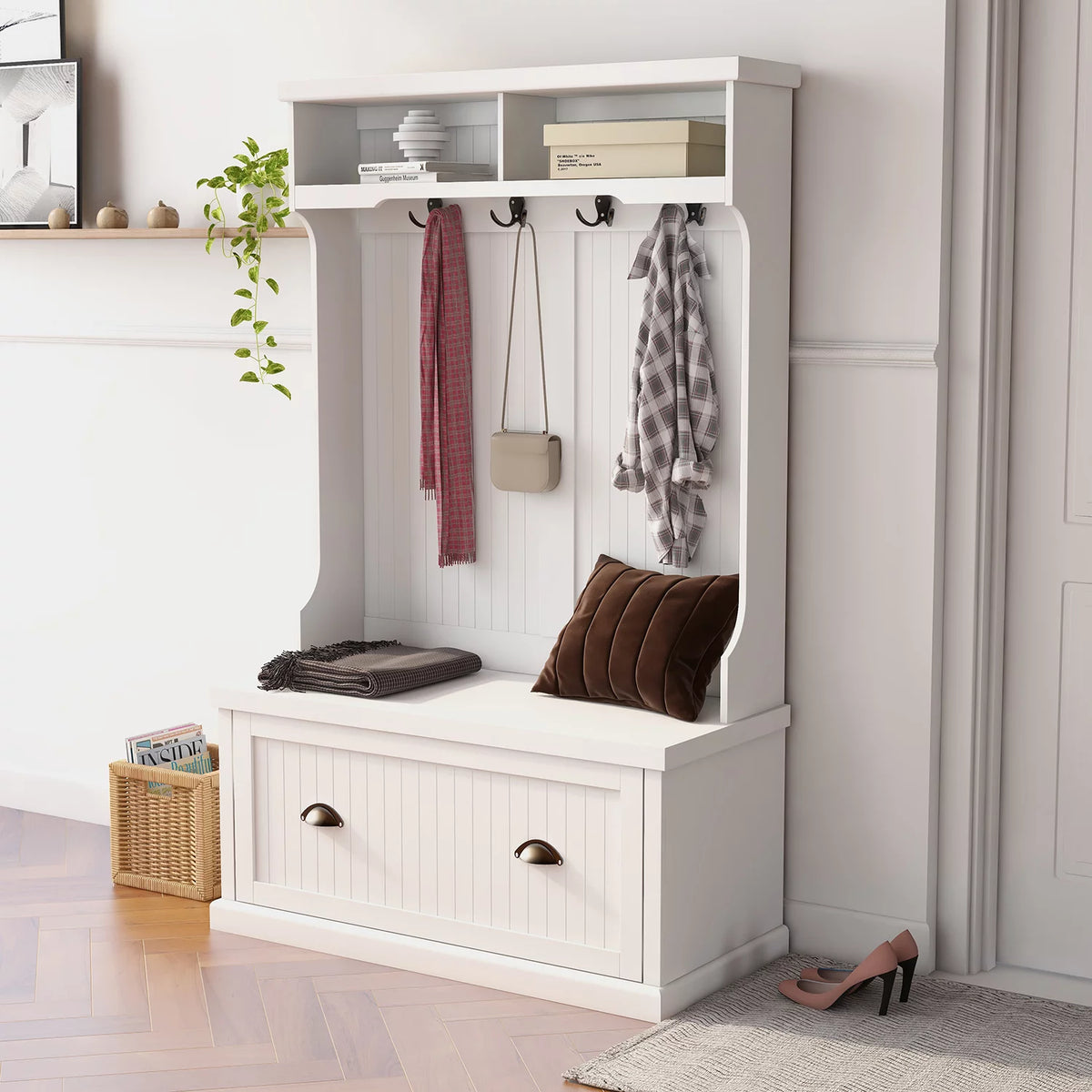 White Entryway Hall Tree with Coat Rack and Storage Bench T248275