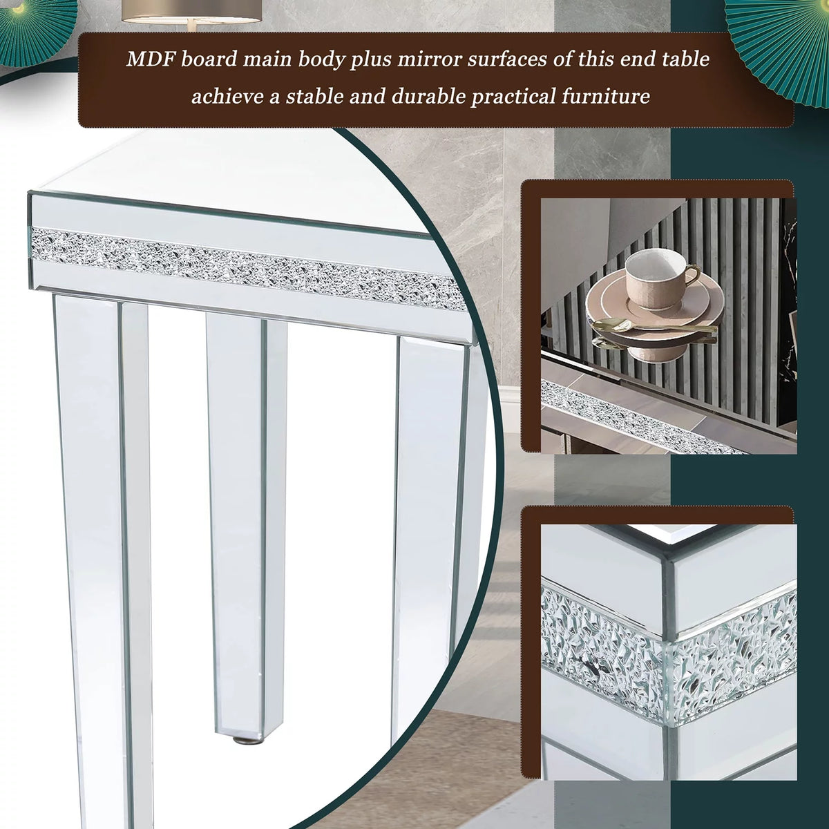 Glass Mirrored Side Table with Adjustable Height Legs M794956