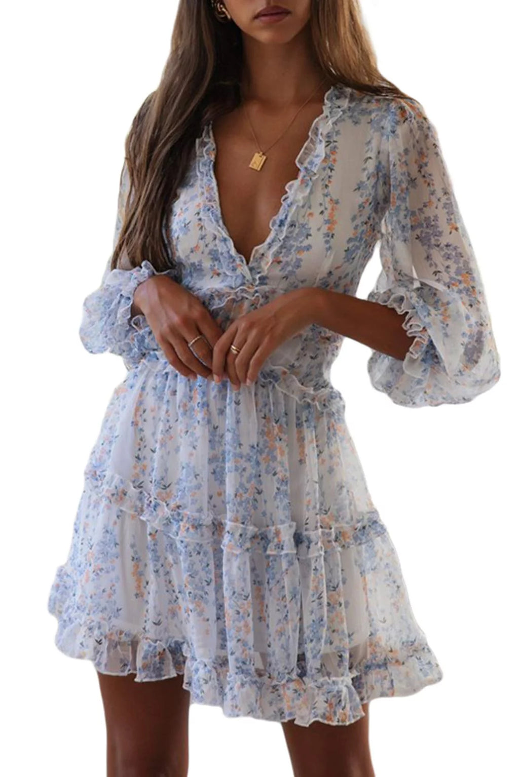 Floral Print Long Sleeve Backless Mini Dress L38772