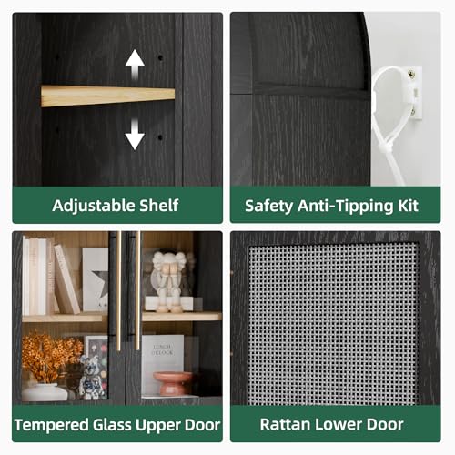 Black 63" Tall Arched Glass Door Storage Cabinet with 2 Rattan Drawers X143461