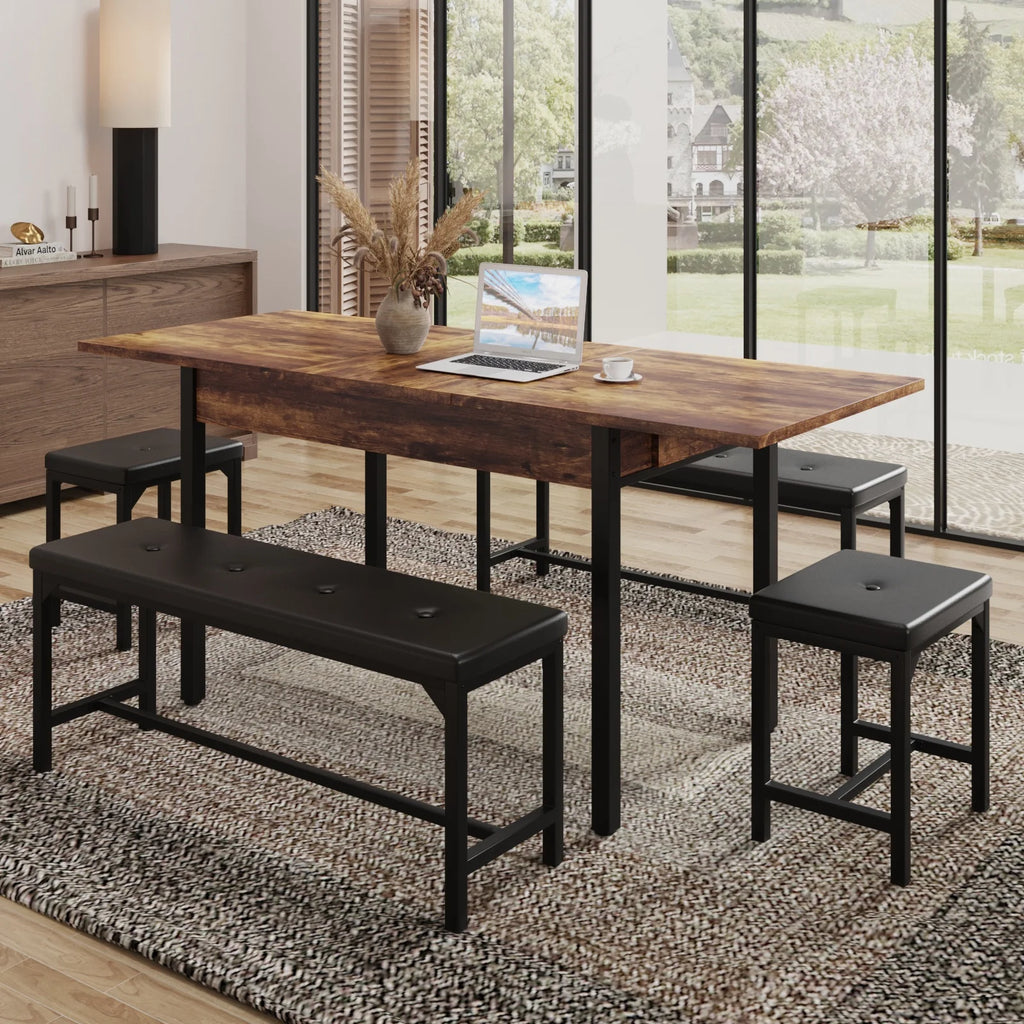3-Piece Extendable Dining Table Set with Drawer and 2 Upholstered Benches D13119