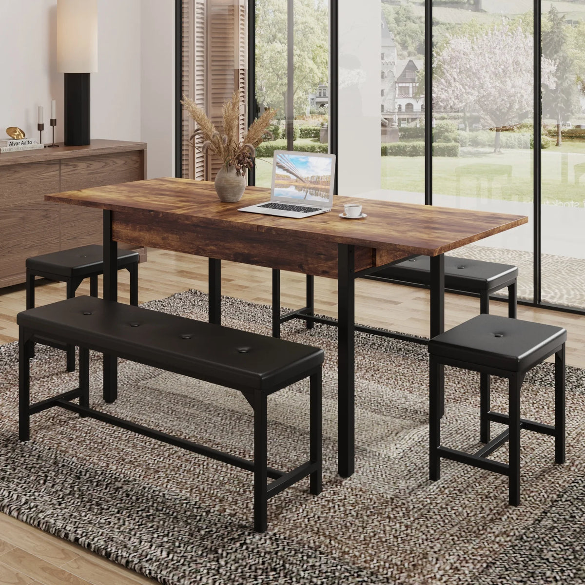 3-Piece Extendable Dining Table Set with Drawer and 2 Upholstered Benches D13119