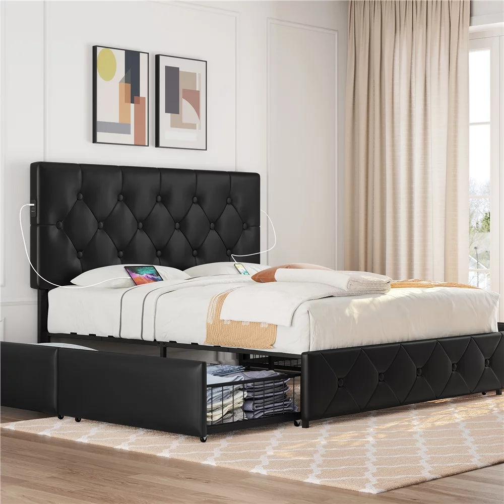 Black Upholstered Queen Bed with 4 Storage Drawers and USB Ports Q44349