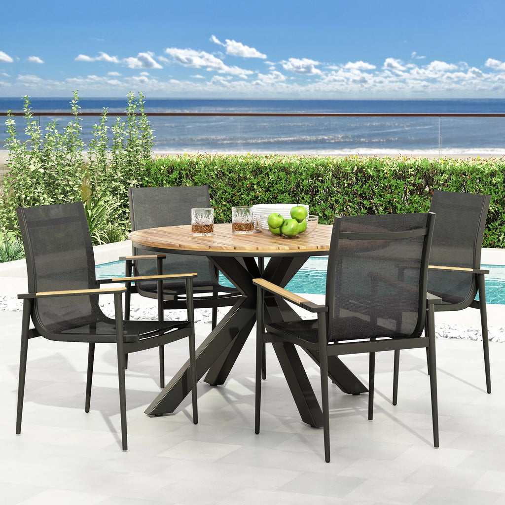 Black and Teak 5 Piece Mesh and Acacia Wood Dining Set E9996