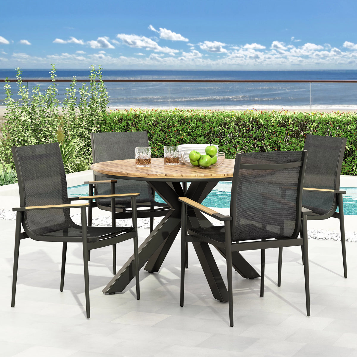 Black and Teak 5 Piece Mesh and Acacia Wood Dining Set E9996