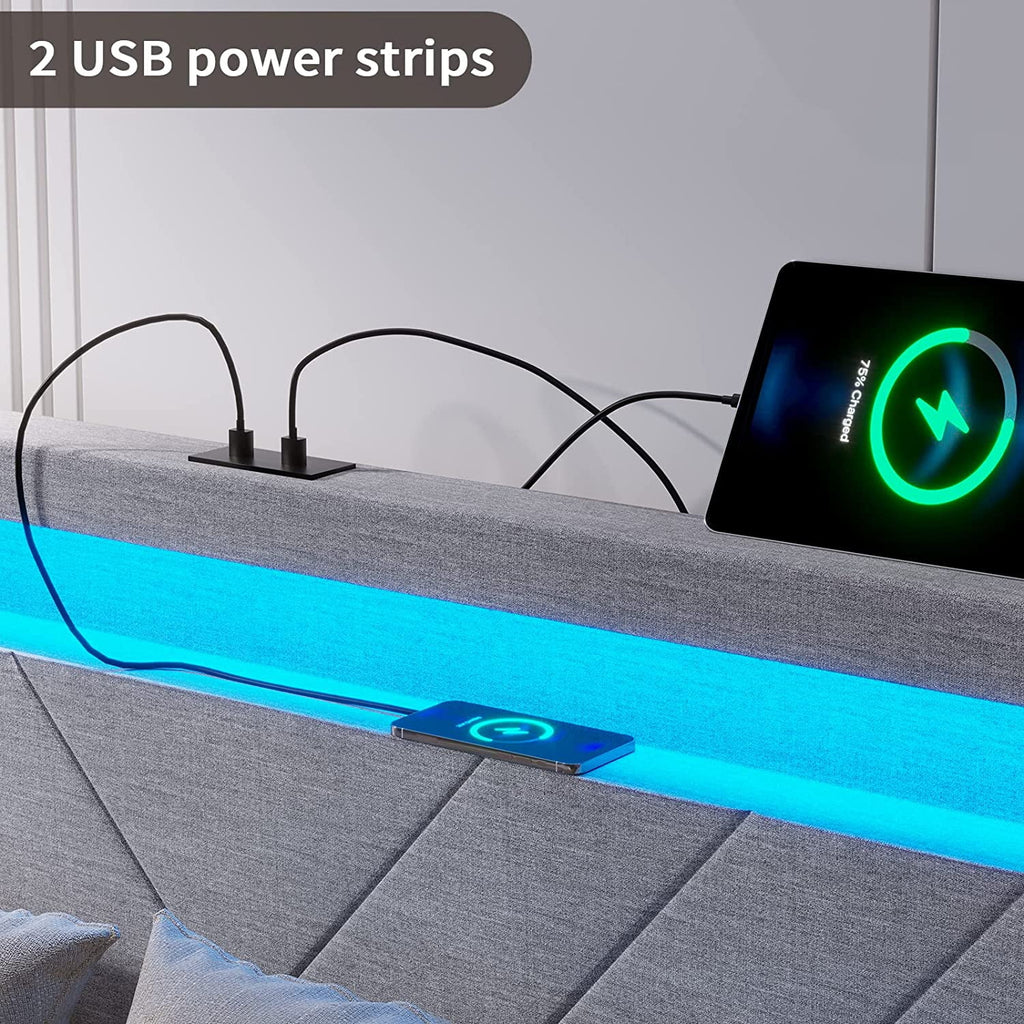 Full Bed Frame with LED Lights Headboard, USB Charging Station and 4 Drawers J956371