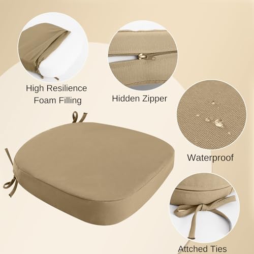 Outdoor Chair Cushions Set of 4, 17" x 17" x 3" Thick D-Shaped Waterproof with Ties H86990