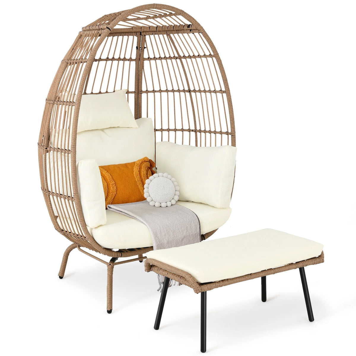 Oversized Wicker Egg Chair with Stand and Cushions M696