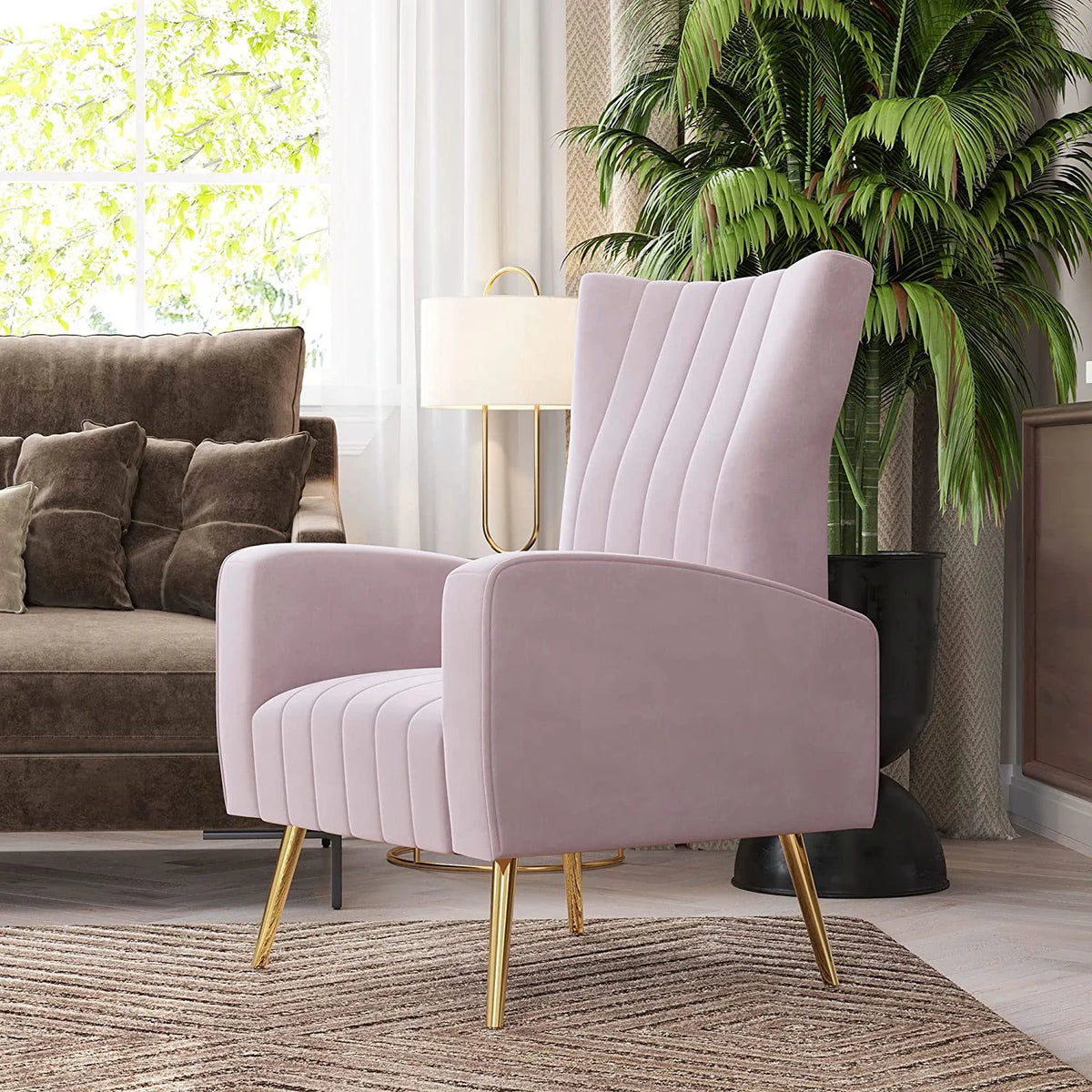 Pink Velvet Upholstered Accent Chair with Metal Legs E68911