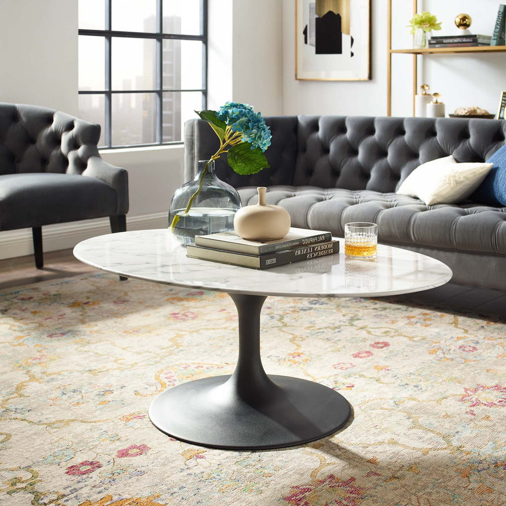 Oval Coffee Table Artificial Marble Stone Metal Black White C6432