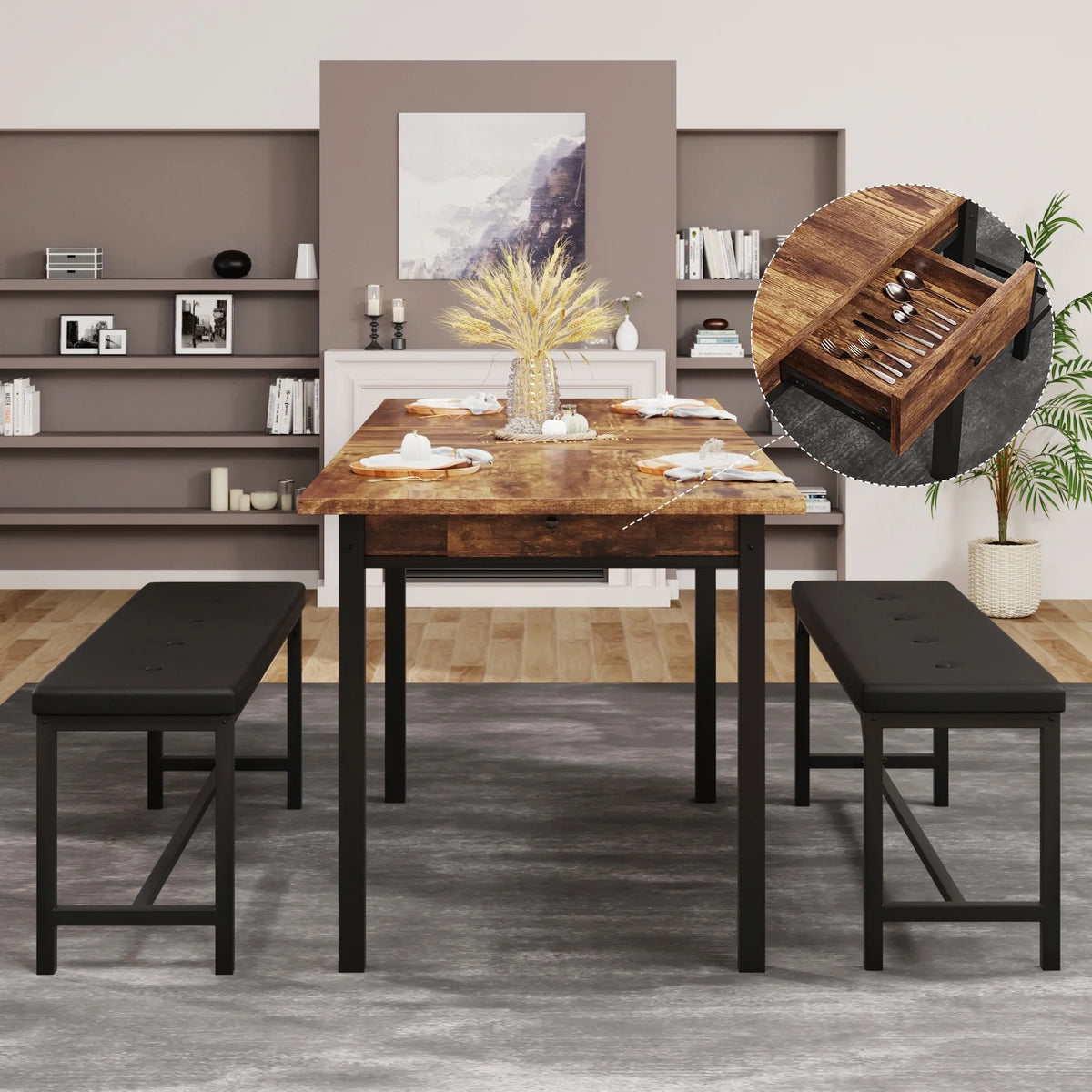 3-Piece Extendable Dining Table Set with Drawer and 2 Upholstered Benches D13119