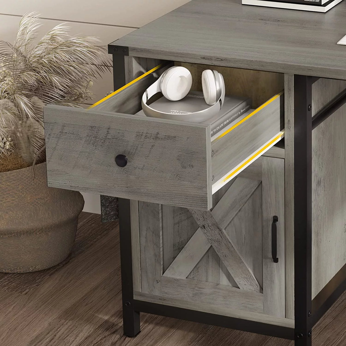L Shaped Office Desk with Drawer and Storage Cabinet X8893
