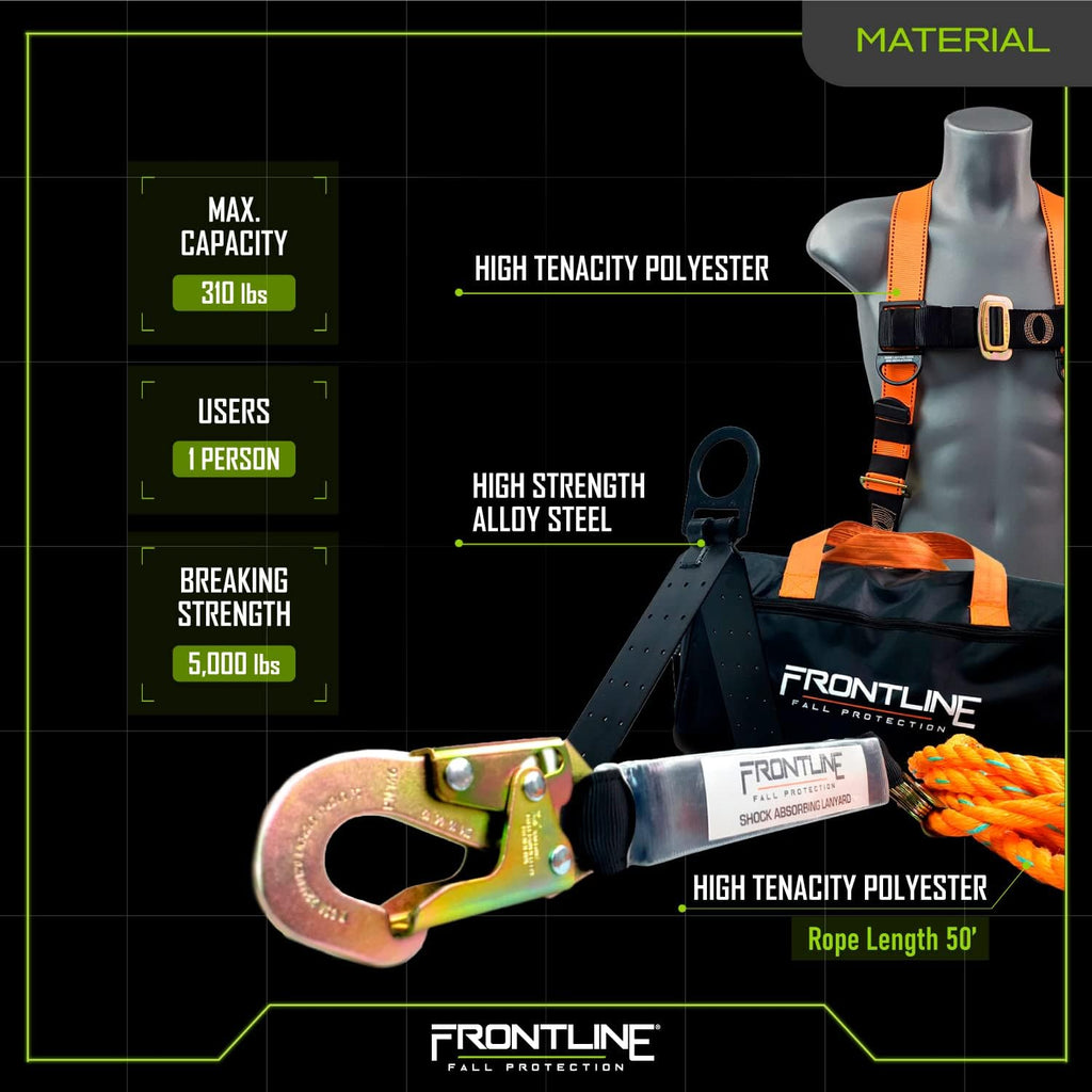Roofers Kit with Full Body Harness, Vertical Lifeline, Rope Grab and Roof Anchor H191