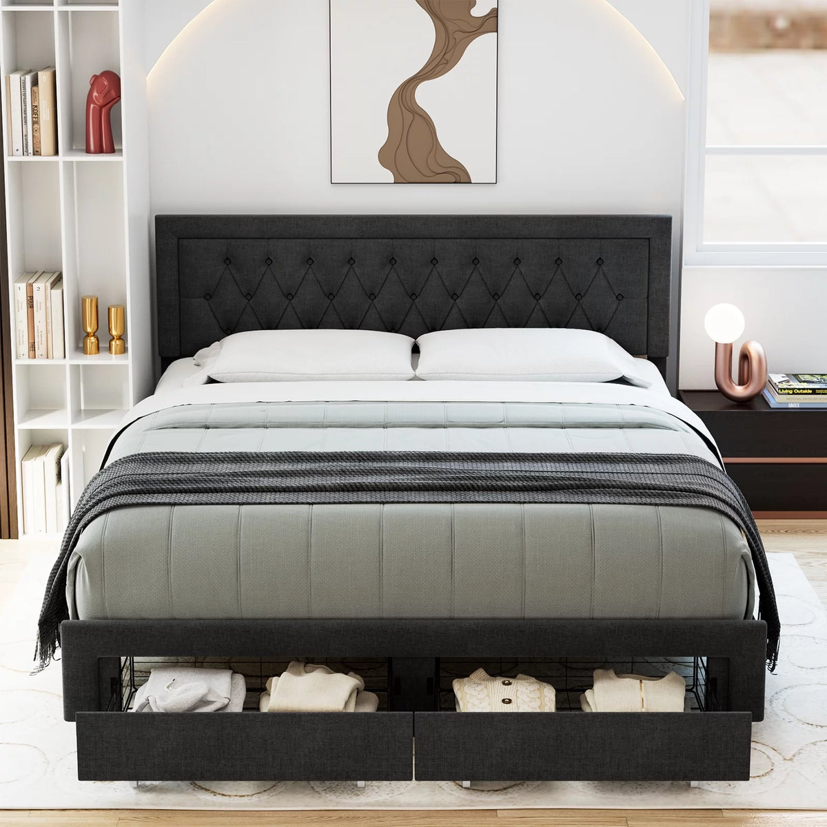 Queen Size Black PU Leather Upholstered Platform Bed Frame F301