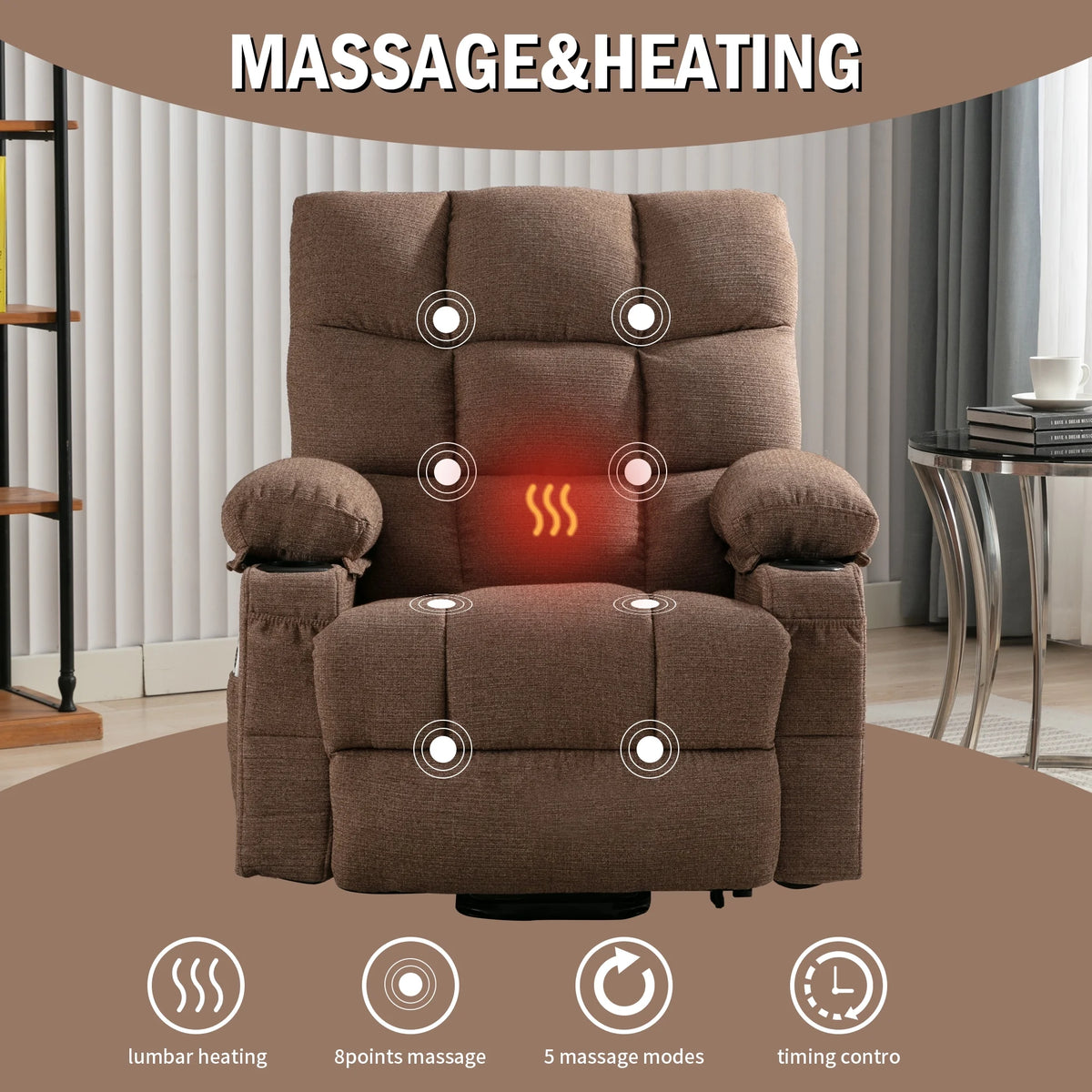 Brown Power Lift Recliner Chair with Massage and Heating O253608