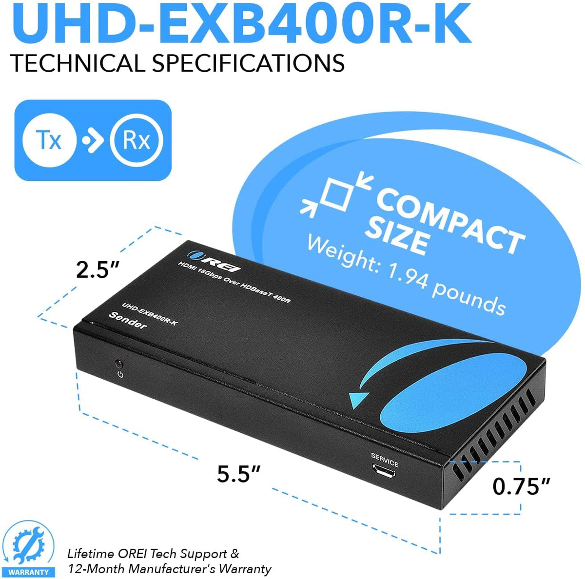 4K HDMI Extender Balun Over Single CAT5e/6/7 Cable Up to 400 Ft R9174