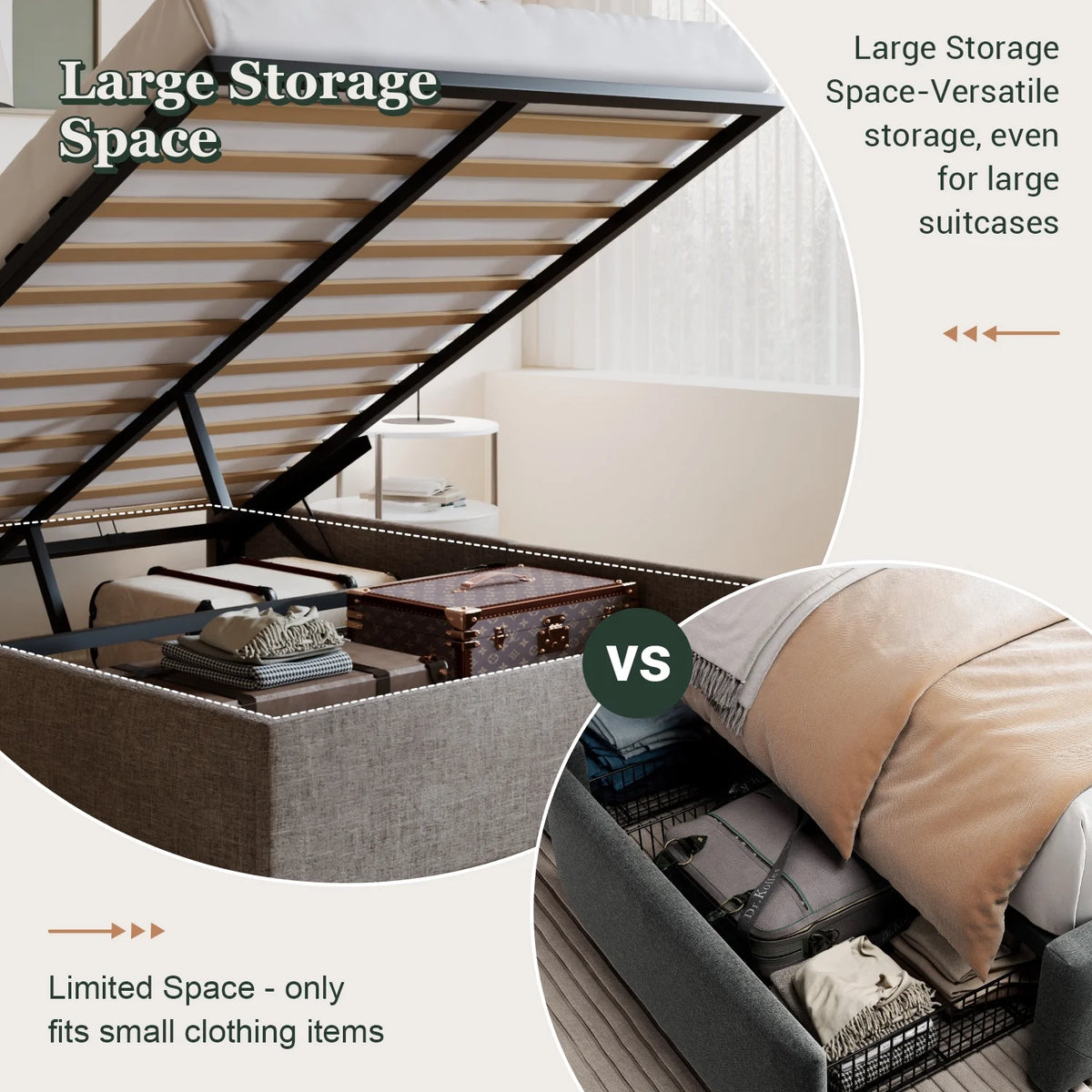 King Size Upholstered Lift up Storage Platform Bed Frame with Wingback Headboard, Beige E994121