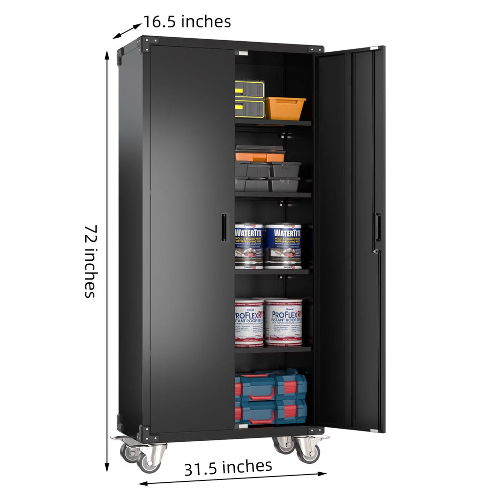 Metal Storage Cabinet with Lock, 72In Steel Storage Cabinet with Wheels, Black G315978