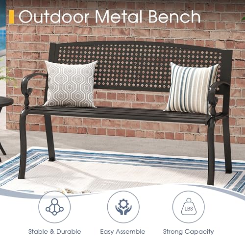 50” Long Black Metal Garden Bench with Backrest and Armrests K6118