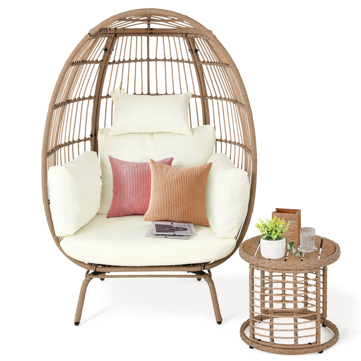 Oversized Wicker Egg Chair with Stand and Cushions M696