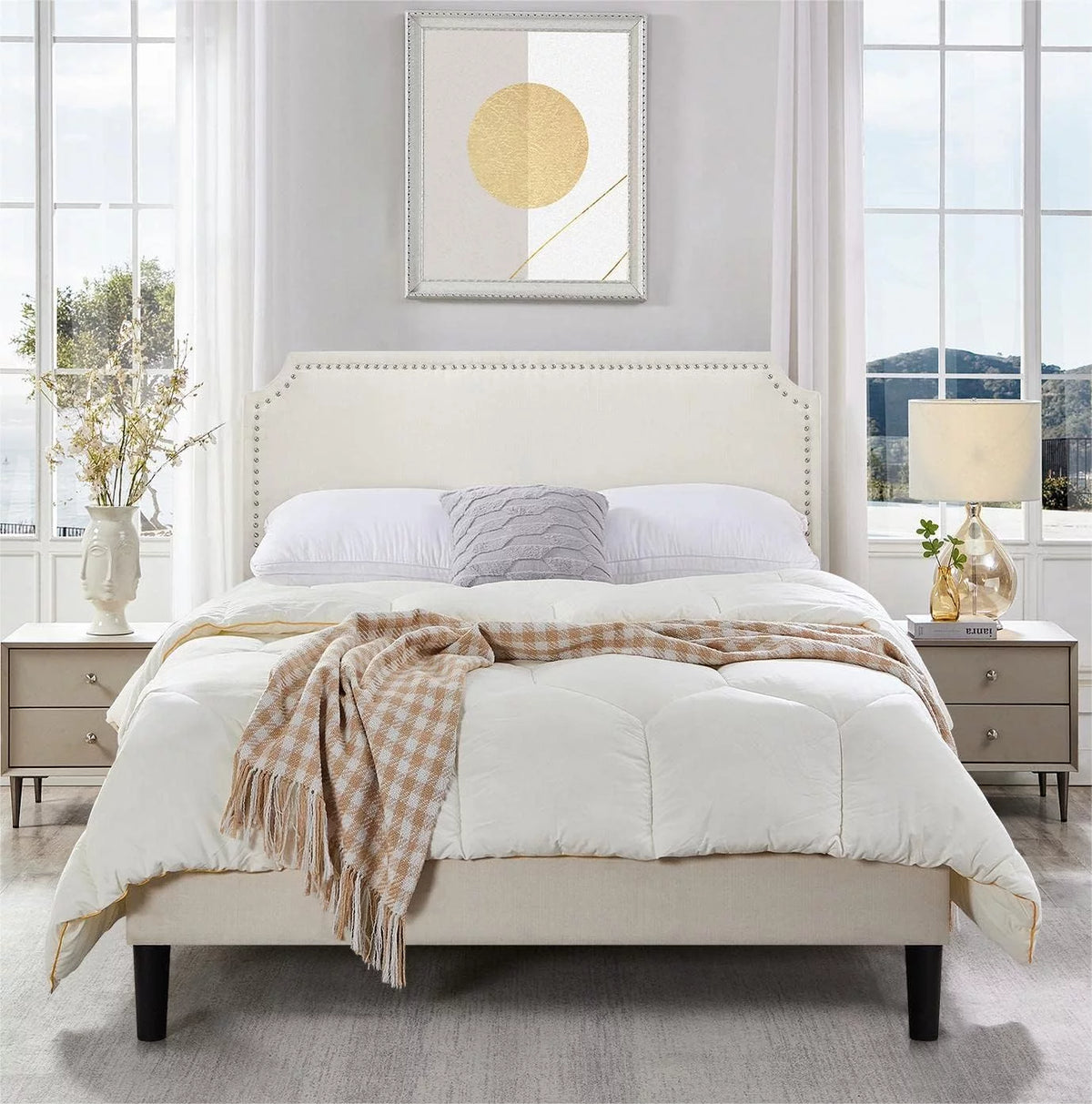 Full Size Linen Fabric Upholstered Platform Bed with Adjustable Headboard M415