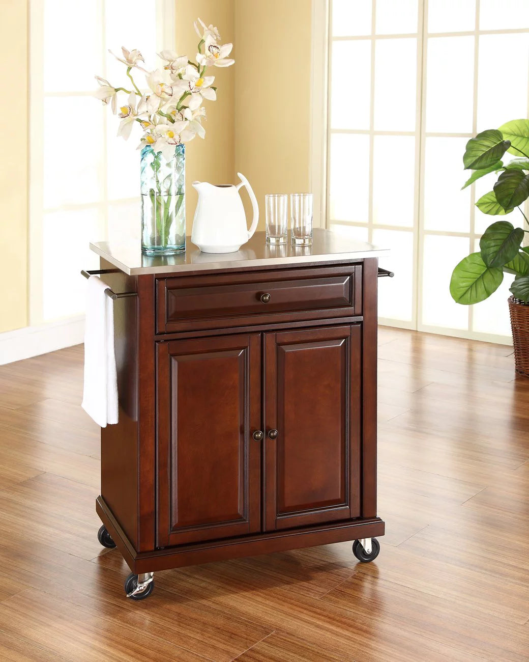 Wood Portable Kitchen Cart in Mahogany/Silver C58759