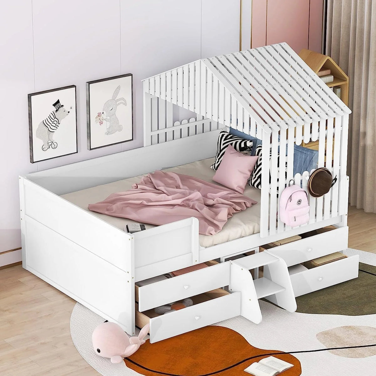 White Full Size Wood House Bed with 4 Drawers X615