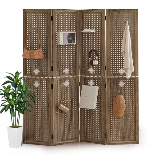 5.6Ft Wood Pegboard 4 Panel Folding Room Divider A8214