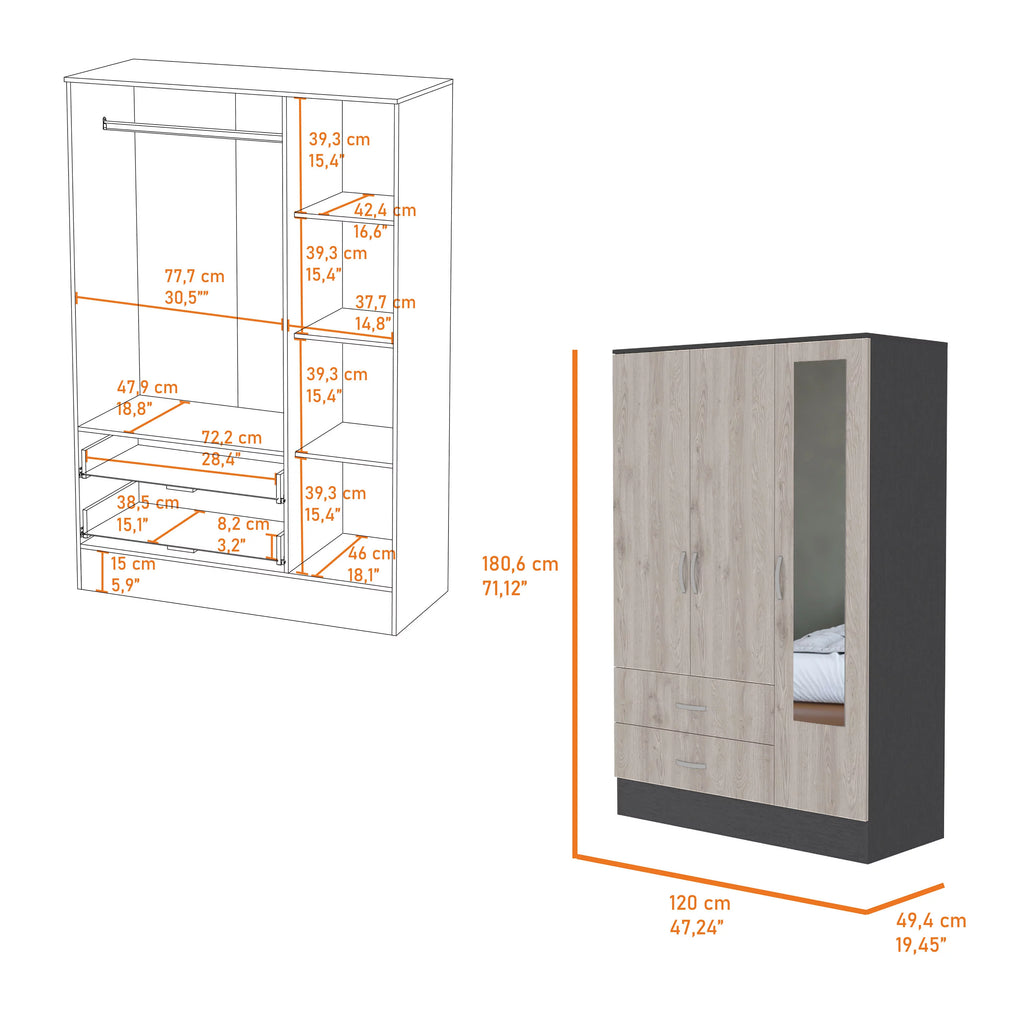 2-Drawer Small Armoire with Mirror Door Black Wengue and Light Gray J908