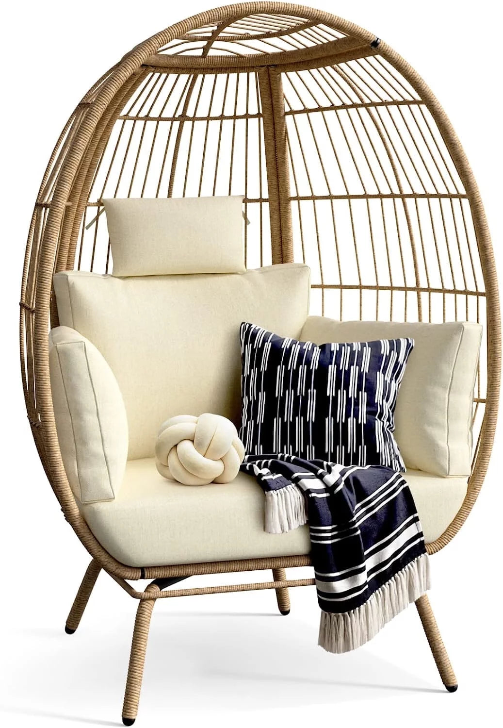 Oversized Wicker Egg Chair with Stand and Cushions M696