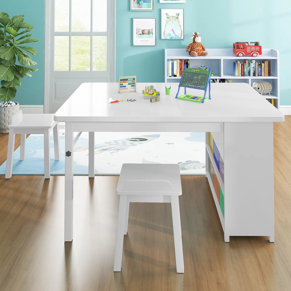 Kids' Art Table and Stools Set, Wooden Drawing Desk with Paper Roller and Storage Bins T77399