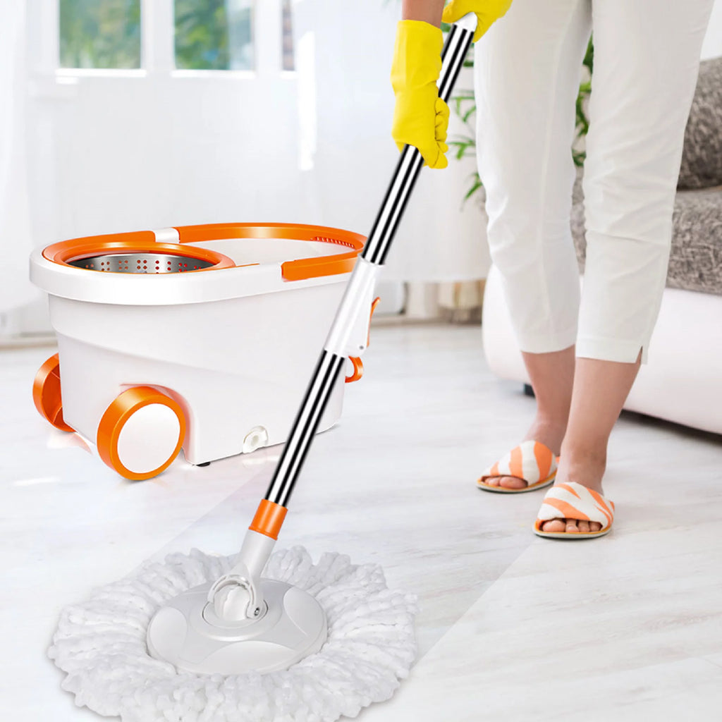 Spin Mop and Bucket System with Wringer Set, 6 Microfiber Mop Heads N167