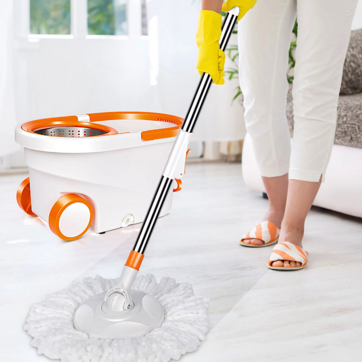 Spin Mop and Bucket System with Wringer Set, 6 Microfiber Mop Heads N167