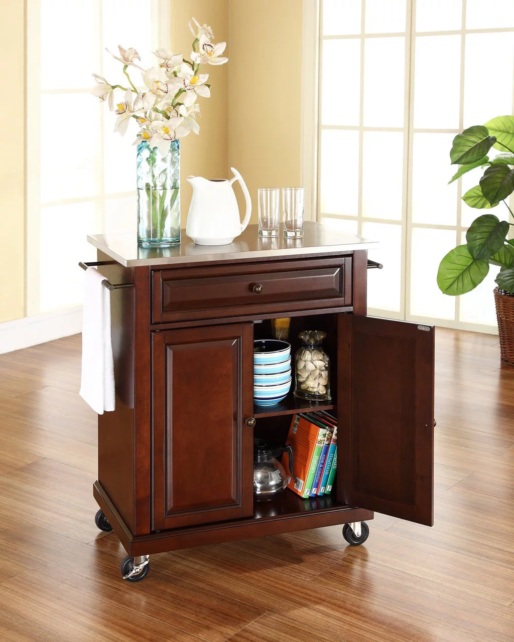 Wood Portable Kitchen Cart in Mahogany/Silver C58759