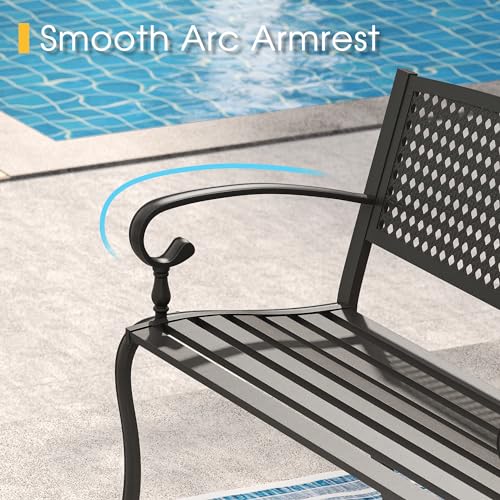 50” Long Black Metal Garden Bench with Backrest and Armrests K6118