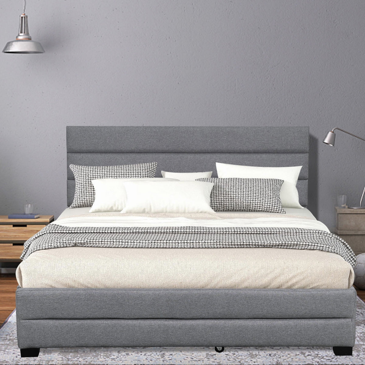 Queen Upholstered Platform Bed with Trundle and Two Drawers Grey L852