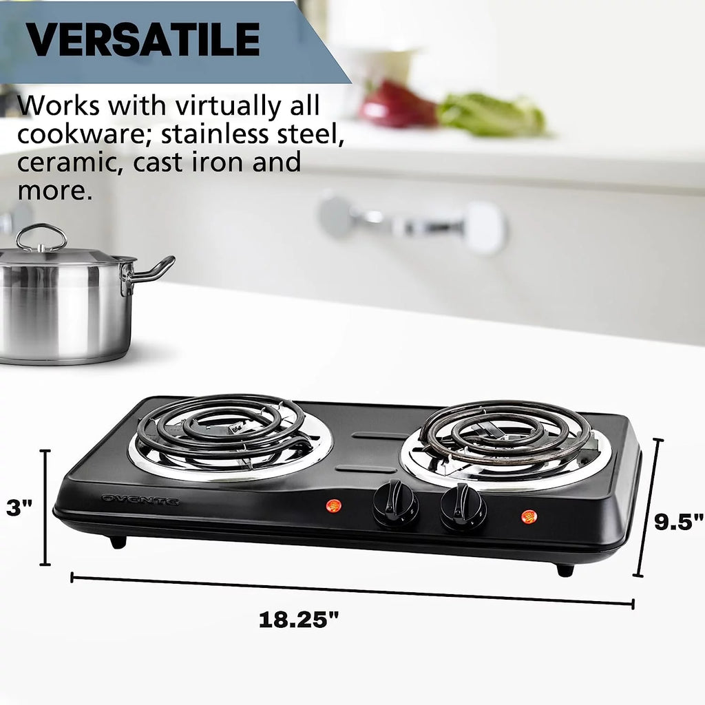 Electric Countertop Double Burner 1700W Stainless Steel Coil Black T700114
