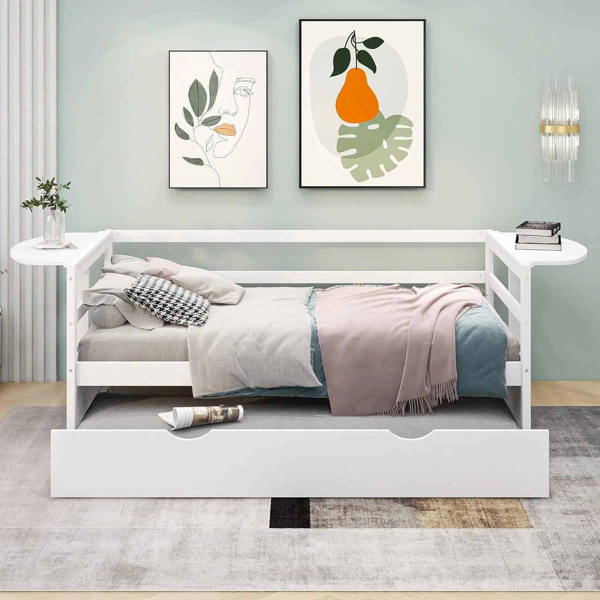 White Solid Wood Daybed with Trundle J525