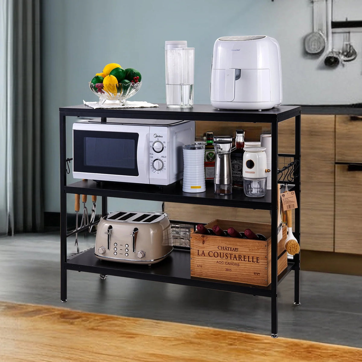 Rolling Kitchen Storage Cart with 3-Tier Shelves and 10 Hooks M379467