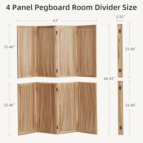 5.6Ft Wood Pegboard 4 Panel Folding Room Divider A8214