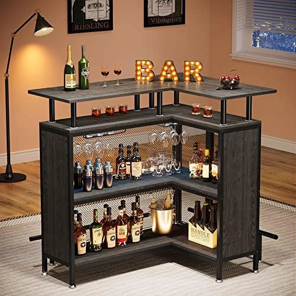 L-Shaped Liquor Table with Stemware Racks and 2-Tier Shelves Black H867118