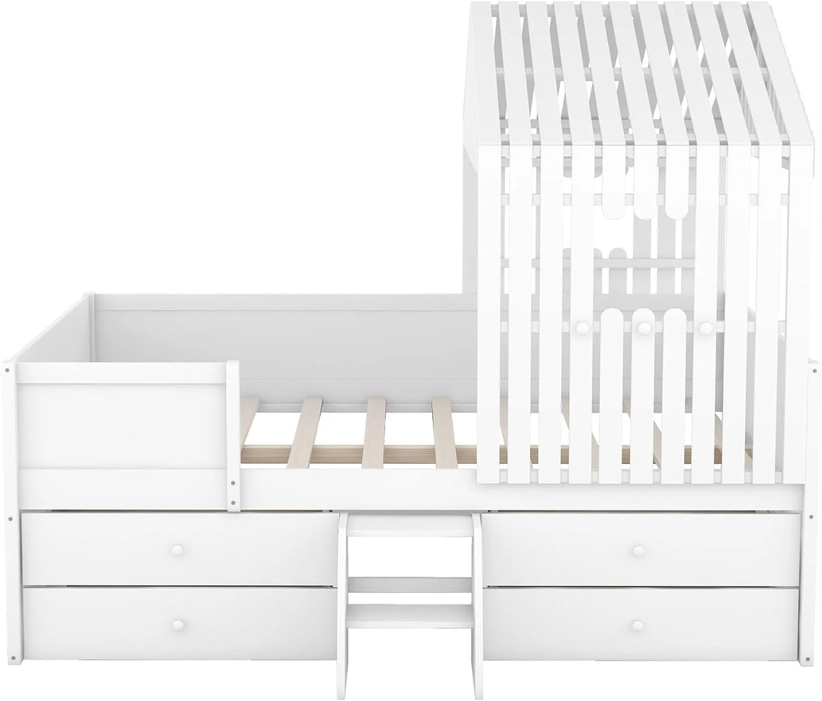White Full Size Wood House Bed with 4 Drawers X615